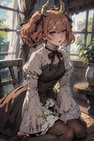 female, ((masterpiece, best quality, ultra detailed, absurdres),
liniefrieren, long sleeves, ribbon, hair between eyes, twintails, hair ribbon, horns, puffy sleeves, juliet sleeves, brown bow, brown ribbon, pantyhose, brown footwear, brown dress, wide sleeves,liniefrieren,retro