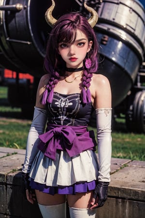 female, ((masterpiece, best quality, ultra detailed, absurdres):1.5),aura the guillotine, long hair, (purple eyes:1.1), purple hair, braid, horns, twin braids,skirt, thighhighs, gloves, choker, black gloves, elbow gloves
,retroartstyle,nodf_lora,momo_ayase