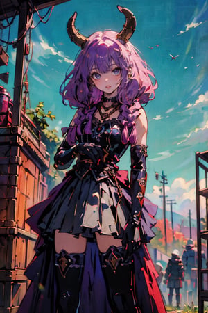 female, ((masterpiece, best quality, ultra detailed, absurdres):1.5),aura the guillotine, long hair, (purple eyes:1.1), purple hair, braid, horns, twin braids,skirt, thighhighs, gloves, choker, black gloves, elbow gloves
