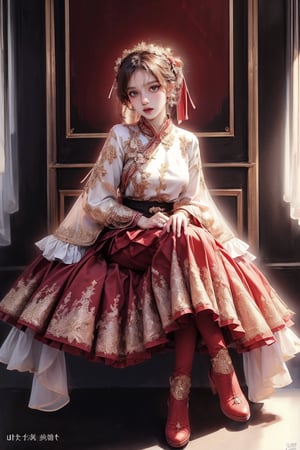 female, ((masterpiece, best quality, ultra detailed, absurdres):1.5), 1girl,solo,long sleeves,dress,,frills,wide sleeves,sleeves past wrists,red skirt,chinese clothes,red footwear,sleeves past fingers,hanfu,fantasy,background, sitting_down 