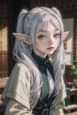 AgoonGirl,High detailed,, (xx)1girl,masterpiece, best quality, 8K,highres, absurdres:1.2,frieren, long hair, twintails, (green eyes:1.5), grey hair, pointy ears, elf