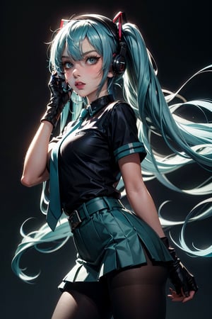 female, ((masterpiece, best quality, ultra detailed, absurdres):1.5),mikusound,miku, hatsune_miku, skirt, holding,shirt, gloves, holding, hair between eyes, twintails, very long hair, closed mouth, standing, short sleeves, pantyhose, pleated skirt, necktie, collared shirt, belt, miniskirt, aqua eyes, blue skirt, black pantyhose, black shirt, aqua hair,head phone, ,photorealistic, viewed_from_bottom