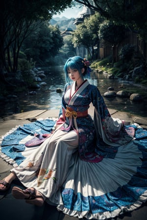 4k,1girl,high_res, rainbow theme, colorful theme, colorful kimono, astract background, trending on artstation, by wlop, traditional,  blue hair,japanese_clothes, traditional long skirt,traditional_japanese_clothes,1 girl,Dreamwave,(masterpiece, best quality, absurdres:1.4),(highly detailed CG illustration),highly detailed,colorful,vivid color,