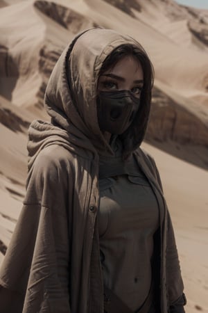 female, ((masterpiece, best quality, ultra detailed, absurdres),solo, 1girl,solo,small breasts,looking at viewer,dune, hoodie, cloak, dessert, masked, blue eyes