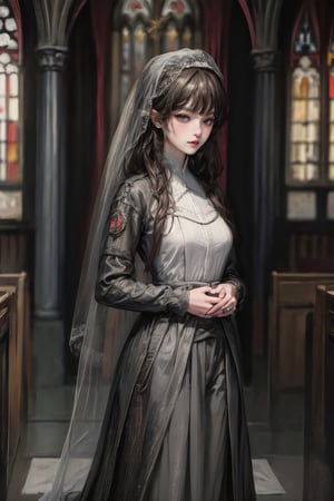 female, ((masterpiece, best quality, ultra detailed, absurdres):1.5), 1girl, bangs,beautiful,black hair,outside, long skirt, veil, wedding, veil covering eyes, hanging, wedding background,bride_cn, church,girl,urban techwear, ,chung