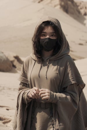 female, ((masterpiece, best quality, ultra detailed, absurdres),solo, 1girl,solo,looking at viewer,dune, hoodie, cloak, dessert, masked, blue eyes,ubel,Agoon