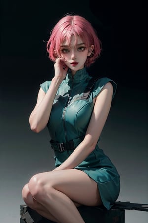 female, ((masterpiece, best quality, ultra detailed, absurdres):1.5),official art, unity 8k wallpaper, ultra detailed, beautiful and aesthetic, masterpiece, best quality, realistic, kaldef, green short dress, ultra quality, sharp focus, 8K UHD, highly detailed glossy eyes, ultra quality, green eyes, 1girl, masterpiece, best quality, hair blowing, looking at viewer,  sitting,gradient hair, hand on own hair,urban techwear