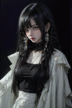female, ((masterpiece, best quality, ultra detailed, absurdres):1.5), 1girl,solo,1girl,solo,long hair,looking at viewer,bangs,shirt,black hair,jewelry,closed mouth,white shirt,upper body,earrings,blunt bangs,white dress,black eyes,lips,black background,hime hair,sharp eyes