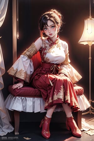 female, ((masterpiece, best quality, ultra detailed, absurdres):1.5), 1girl,solo,long sleeves,dress,,frills,wide sleeves,sleeves past wrists,red skirt,chinese clothes,red footwear,sleeves past fingers,hanfu,fantasy,background, sitting_down 