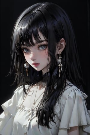 female, ((masterpiece, best quality, ultra detailed, absurdres):1.5), 1girl,solo,1girl,solo,long hair,looking at viewer,bangs,shirt,black hair,jewelry,closed mouth,white shirt,upper body,earrings,blunt bangs,white dress,black eyes,lips,black background,hime hair,sharp eyes