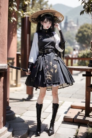 female, ((masterpiece, best quality, ultra detailed, absurdres),
1girl,solo,long hair,looking at viewer,black hair,long sleeves,hat,dress,standing,full body,weapon,boots,outdoors,belt, sword,black footwear, blurry background,sheath,
hanfu,hanfuskirt,portrait