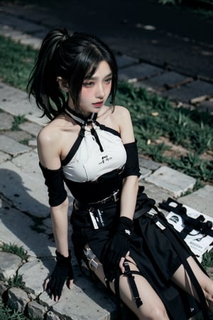 female, ((masterpiece, best quality, ultra detailed, absurdres),
ubel, medium hair, hair between eyes, green hair, side ponytail, (purple eyes:1.1),skirt, gloves, dress, bare shoulders, pleated skirt, sleeveless, black gloves, elbow gloves, belt, miniskirt, black skirt, black footwear, (black dress:1.5), thigh strap, sleeveless dress, halterneck, armband, single glove, black belt, pleated dress, arm strap,dragon ear,SharpEyess, sitting, from above,urban techwear