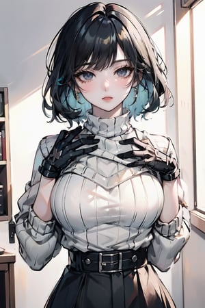 female, ((masterpiece, best quality, ultra detailed, absurdres),heterochromia  ,solo, 1girl,solo,breasts,looking at viewer, heterochromia, sweater, skirt, black gloves, ,adress2