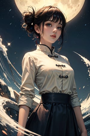 1girl,female, ((masterpiece, best quality, ultra detailed, absurdres), upper body, short hair, chinese cloth, moon, hime cut, shirt, long dress,HimikoT