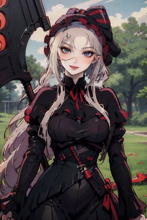 female, ((masterpiece, best quality, ultra detailed, absurdres),
heterochromia , sharp_teeth,shalltear bloodfallen, scythe