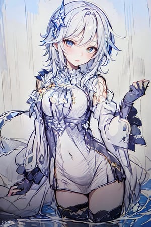 (masterpiece, top quality, best quality, official art, beautiful and aesthetic:1.2), (1girl:1.3), heterochromia, SharpEyess, mismatched gloves, thigh strap, fantasy background, water,(Pencil_Sketch:1.2