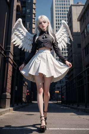 female, ((masterpiece, best quality, ultra detailed, absurdres), girl), (beauty girl), (ultra-high picture quality),white hair,hornsgirl, long skirt, standing, wide shot, full_body, from below, witch, angel_wings, cybernetic, city background