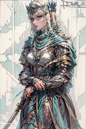 female, ((masterpiece, best quality, ultra detailed, absurdres),  solo, short hair, breasts, looking at viewer, hime cut, 25 years old,Short blonde hair, hime cut,Blue eyes, tiara,light armor, Long sword worn at the waist, ice, wlop art, donghua, scarf, hood, sitting on throne, full body shot, throne