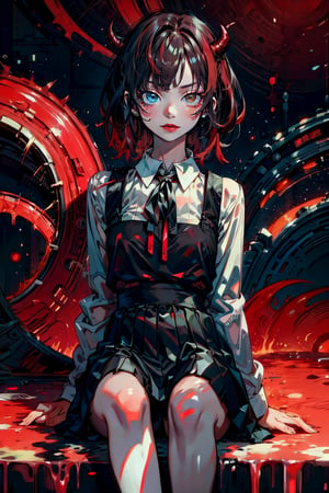 female,(masterpiece, best quality, ultra detailed, absurdres)1.5,white shirt black dress neck ribbon,1girl short hair,demonictech, red hair, bangs, sitting, from_behind, looking_at_viewer 