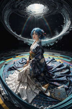 4k,1girl,high_res, rainbow theme, colorful theme, colorful kimono, astract background, trending on artstation, by wlop, traditional,  blue hair,japanese_clothes, traditional long skirt,traditional_japanese_clothes,1 girl,Dreamwave,(masterpiece, best quality, absurdres:1.4),(highly detailed CG illustration),highly detailed,colorful,vivid color,