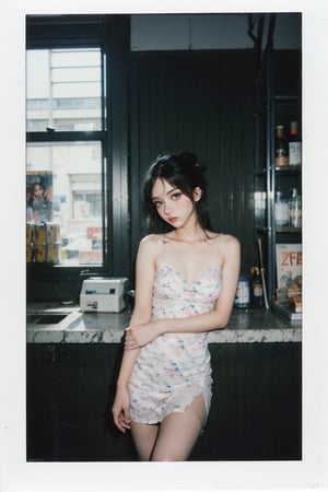 female, ((masterpiece, best quality, ultra detailed, absurdres), ,17 year-old, skinny, shy, hair high bun, thin night dress, lace panties, standing in front of the cash register in an abandoned convenience store, (cowboy shot), front view, (without makeup), Lomo-style photograph, hyper-detailed, masterpiece, 8 K, rodenstock sironar-n, 210mm f/5.6, kodak t-max100, large format camera, created by Rinko Kawauchi, Osamu Yokonami, ,konbini,realhands