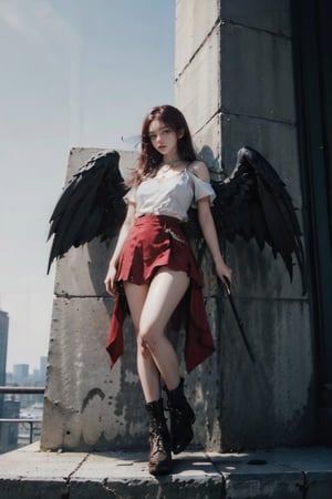 female, ((masterpiece, best quality, ultra detailed, absurdres), girl), (beauty girl), (ultra-high picture quality),red hair,hornsgirl, long skirt, standing, full_body, from below, witch, angel_wings, cybernetic, city background, closed up, curvy_figure, 