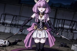 (masterpiece,  top quality,  best quality,  official art,  beautiful and aesthetic:1.2),  (1girl:1.3),  heterochromia , aura the guillotine, long hair, (purple eyes:1.1), purple hair, braid, horns, twin braids,skirt, thighhighs, gloves, choker, black gloves, elbow gloves, ,aura the guillotine, shadows summoning undead soldiers