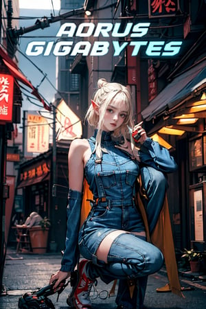 female, ((masterpiece, best quality, ultra detailed, absurdres),(1elf girl), (beauty elf girl), (ultra-high picture quality), masterpieces, casual scene, squatting beside a mini market, relaxed vibe, holding a beverage, She's dressed in a trendy techwear outfit, perhaps a stylish jacket and jeans, with comfortable sneakers, sunlight casting warm tones, street ambiance, urban setting. Perfect body, (E-cup:1.2), overalls, light smile, fresh, (asymmetrical bangs:1.3), Braid Bun hair, short hair, highly detailed face and eyes, Perfect lips, (white blonde hair, Deep Blue Eyes:1.2),cyberpunk, sci-fi, (bare shoulders), digital art, Aesthetic, Cinematic Lighting, by Yusuke Murata.,urban techwear