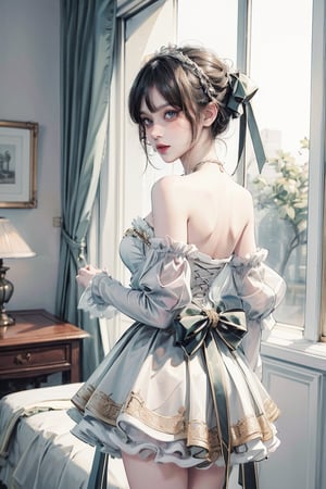 female, ((masterpiece, best quality, ultra detailed, absurdres):1.5), 1girl, bangs, beautiful, bow, ribbon, bare shoulders, frills, detached sleeves, white dress, sleeves past wrists, strapless, frilled dress, strapless dress, adress, from_side 