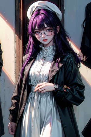 (masterpiece, best quality, ultra detailed, absurdres)1.5, 1girl, (sexy, beautiful woman, perfect face, perfect eyes, perfect female body, small breasts)1.5, (Regulus, purple hair,bang hair, long sleeves, dress, jacket, scarf, neckerchief, white dress, white hat, sunglasses, wristwatch, bangs, ), (standing, indoors, record store), perfect lighting, smooth, hdr,SharpEyess, herechromia,fern