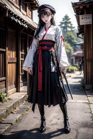 female, ((masterpiece, best quality, ultra detailed, absurdres),
1girl,solo,long hair,looking at viewer,black hair,long sleeves,hat,dress,standing,full body,weapon,boots,outdoors,belt, sword,black footwear, blurry background,sheath,
hanfu
