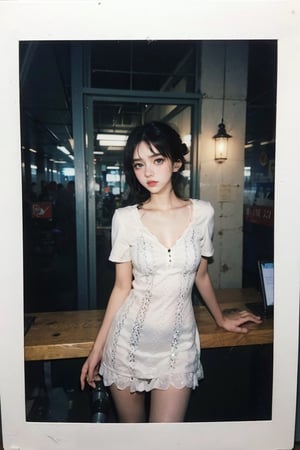 female, ((masterpiece, best quality, ultra detailed, absurdres), ,17 year-old, skinny, shy, hair high bun, thin night dress, lace panties, standing in front of the cash register in an abandoned convenience store, (cowboy shot), front view, (without makeup), Lomo-style photograph, hyper-detailed, masterpiece, 8 K, rodenstock sironar-n, 210mm f/5.6, kodak t-max100, large format camera, created by Rinko Kawauchi, Osamu Yokonami, ,konbini,manyhand,realhands
