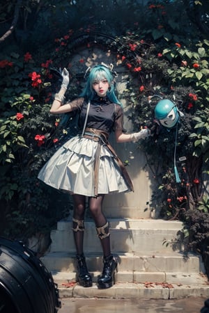 female, ((masterpiece, best quality, ultra detailed, absurdres):1.5),mikusound,,miku, hatsune_miku, skirt, holding,shirt, gloves, holding, hair between eyes, twintails, very long hair, closed mouth, standing, short sleeves, pantyhose, pleated skirt, necktie, collared shirt, belt, miniskirt, aqua eyes, blue skirt, black pantyhose, black shirt, aqua hair,head phone, photorealistic, viewed_from_above