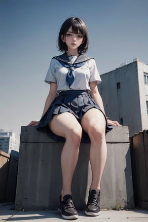 female, ((masterpiece, best quality, ultra detailed, absurdres), girl), (beauty girl), (ultra-high picture quality),short hair,hornsgirl, long skirt, full_body, from below,mitakihara school uniform, cybernetic, city background, closed up, curvy_figure, mechanical , looking_at_viewer, sitting_down,Masterpiece