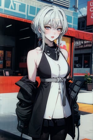 female, ((masterpiece, best quality, ultra detailed, absurdres):1.5),official art, unity 8k wallpaper, ultra detailed, beautiful and aesthetic, masterpiece, best quality, realistic, noir, bare shoulders, jacket, low ponytail, ponytail, pantyhose, sleeveless, off shoulder, open jacket, black jacket, black pantyhose, (white dress), necklace