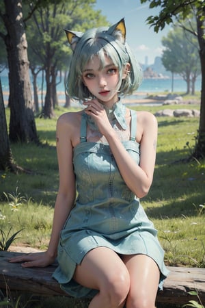 female, ((masterpiece, best quality, ultra detailed, absurdres):1.5),official art, unity 8k wallpaper, ultra detailed, beautiful and aesthetic, masterpiece, best quality, realistic, kaldef, green short dress, ultra quality, sharp focus, 8K UHD, highly detailed glossy eyes, ultra quality, green eyes, 1girl, masterpiece, best quality, hair blowing, looking at viewer, blue sky, meadow, sitting, tree, gradient hair, hand on own hair,dreamgirl,kaldef