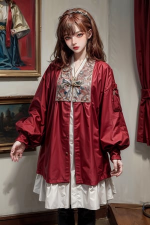 female, ((masterpiece, best quality, ultra detailed, absurdres):1.5), 1girl, bangs,beautiful,red  hair,vnaodai, long_sleeves , 