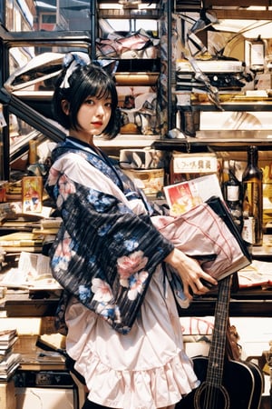 a girl in a kimono ,short hair, cat ears,holding a book,tatami galaxy, by Maeda Masao, kotegawa yui, shikamimi, chiho, by Eizan Kikukawa, by Shinoda Toko, by Yanagawa Nobusada, tsubasa nakai's style, nishimiya shouk ((masterpiece, best quality)), art by greg rutkowski, trending on artstation  ,
