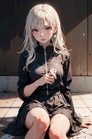 female, ((masterpiece, best quality, ultra detailed, absurdres), girl), (beauty girl), (ultra-high picture quality) ,(ultra realistic,32k, masterpiece:1.2),(high detailed skin:1.1),( high quality:1.1), A cute girl with white hair, A brunette girl, long white hair with bangs, yellow eyes, wearing a dress with hearts (♥) and diamonds (♦), against a background of playing cards scattered on the ground.