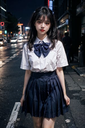 (8k, RAW photo, best quality, masterpiece:1.3),(realistic,photo-realistic:1.37),(night),(looking at viewer:1.331),(white hair),posing,Tokyo street,nightcityscape, , cyberpunk city,soft light,1girl,extremely beautiful face,bust,put down hands,Random hairstyle,Random expression,big eyes, ,lower abdomen,(short-sleeved 
JK_shirt),JK_style,(dark blue JK_skirt) ,(bow JK_tie),,mix4art by artgerm and greg rutkowski and alphonse mucha,short-sleeved JK_shirt 