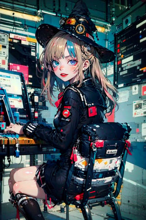 female,(masterpiece, best quality, ultra detailed, absurdres)1.5,, 1girl, blonde hair, very long hair, teldmk,hair ornament, school_uniform, witch hat, in the giant robot, surreal,steampunk,STEAM Punk, mechanical, skirt ,1girl,pink hair, from_behind ,urban techwear, sitting_down