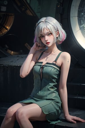 female, ((masterpiece, best quality, ultra detailed, absurdres):1.5),official art, unity 8k wallpaper, ultra detailed, beautiful and aesthetic, masterpiece, best quality, realistic, kaldef, green short dress, ultra quality, sharp focus, 8K UHD, highly detailed glossy eyes, ultra quality, green eyes, 1girl, masterpiece, best quality, hair blowing, looking at viewer,  sitting,gradient hair, hand on own hair,kaldef