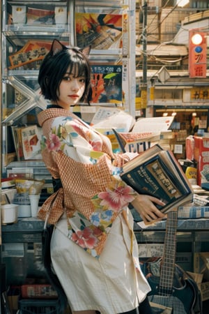 a girl in a kimono ,short hair, cat ears,holding a book,tatami galaxy, by Maeda Masao, kotegawa yui, shikamimi, chiho, by Eizan Kikukawa, by Shinoda Toko, by Yanagawa Nobusada, tsubasa nakai's style, nishimiya shouk ((masterpiece, best quality)), art by greg rutkowski, trending on artstation  ,