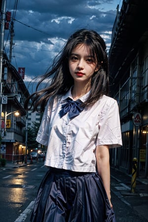 (8k, RAW photo, best quality, masterpiece:1.3),(realistic,photo-realistic:1.37),(night),(looking at viewer:1.331),(white hair),posing,Tokyo street,nightcityscape, , cyberpunk city,soft light,1girl,extremely beautiful face,bust,put down hands,Random hairstyle,Random expression,big eyes, ,lower abdomen,(short-sleeved 
JK_shirt),JK_style,(dark blue JK_skirt) ,(bow JK_tie),,mix4art by artgerm and greg rutkowski and alphonse mucha,short-sleeved JK_shirt 