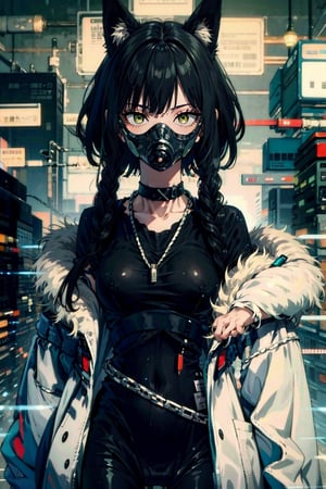 female,(masterpiece, best quality, ultra detailed, absurdres)1.5,1girl, evil_smile,hackedtech,choker crown ,  cat ears , 1girl, fubuki, expressionless, cgreen hair, taut clothes, fur coat, jewelry, necklace, body suit,scifi, long hair,cyberpunk,data stream, gas mask, techmask