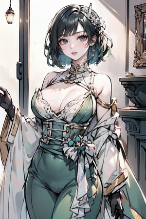 female, ((masterpiece, best quality, ultra detailed, absurdres),heterochromia  ,solo, 1girl,solo,breasts,looking at viewer, heterochromia, skirt, black gloves, ,adress2, long dress, green dress