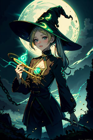 masterpiece, top quality, best quality, official art, beautiful and aesthetic:1.2), (1girl:1.3), , girl, fantasy, small breast, light,GlowingRunes_green,frieren, white hair, twintails, staff , magic ball, witch hat