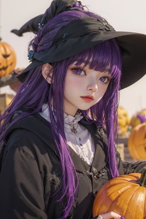 AgoonGirl,High detailed,, (xx)1girl,masterpiece, best quality, 8K,highres, absurdres:1.2,fern, long hair, bangs, (purple eyes:1.1), purple hair, sidelocks, blunt bangs, bright pupils, half updo,fern, witch_hat, pumpkins 