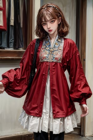 female, ((masterpiece, best quality, ultra detailed, absurdres):1.5), 1girl, bangs,beautiful,red  hair,vnaodai, long_sleeves , outside