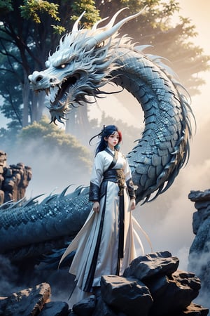masterpiece, top quality, best quality, official art, beautiful and aesthetic:1.2), (1girl:1.3), , girl, blue hair, hanfu fashion, chinese dragon, eastern dragon, white theme, volumetric lighting, ultra-high quality, photorealistic, rock moutain background